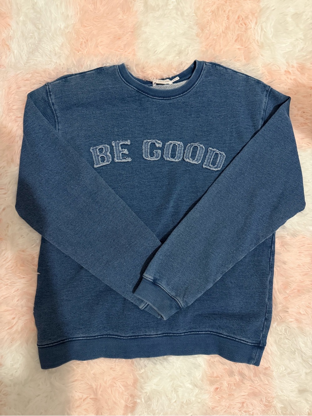 Good American Washed Blue 'BE GOOD' Crewneck Sweatshirt